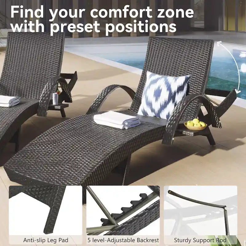 Set di 2 sedie a sdraio da 80L, poltrona reclinabile in rattan da patio con tavolino estraibile, schienale regolabile e lettini ergonomici a onda per prendere il sole