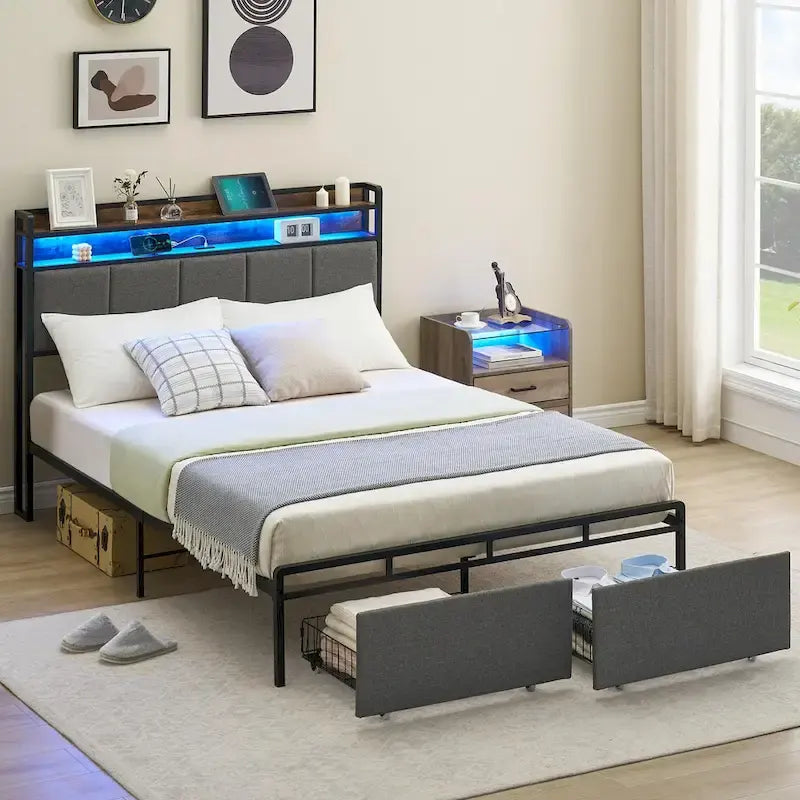 Letto imbottito con piattaforma in stile vintage con cassetti contenitore