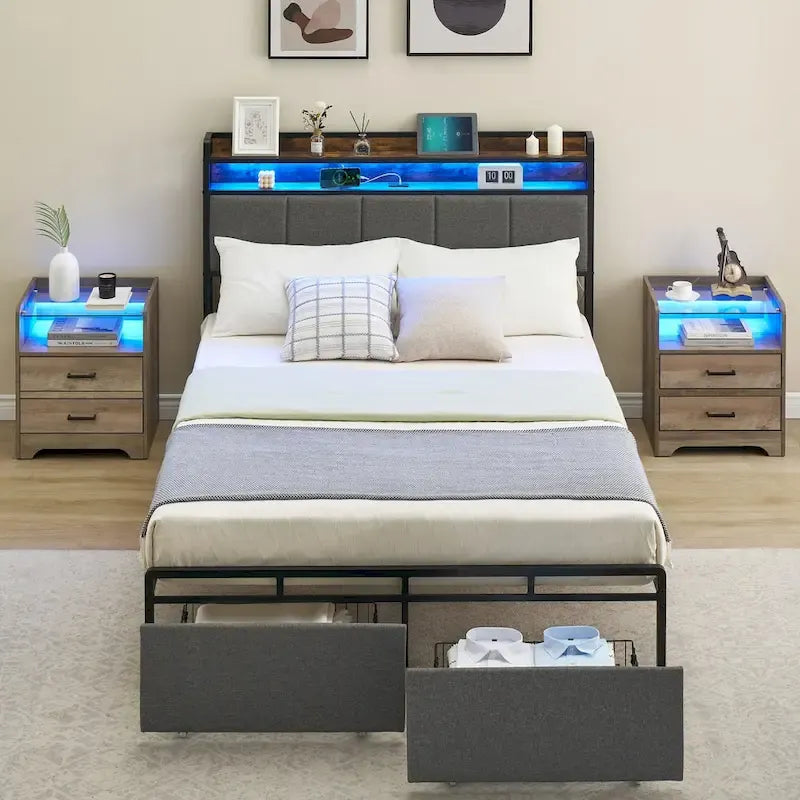 Letto imbottito con piattaforma in stile vintage con cassetti contenitore