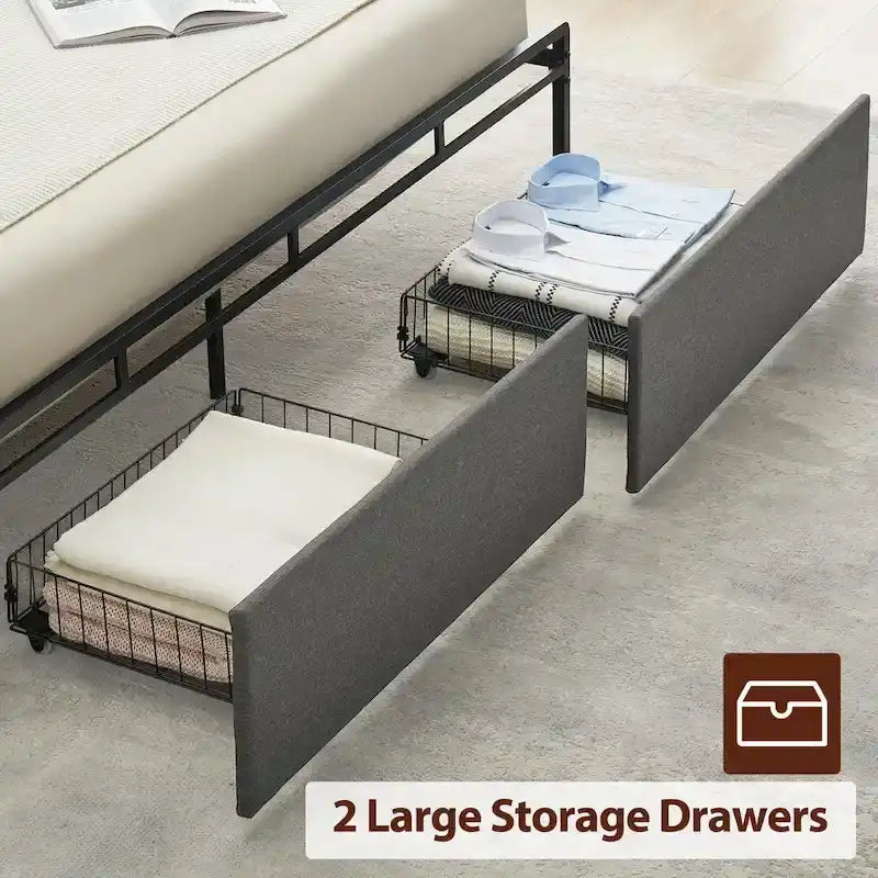 Letto imbottito con piattaforma in stile vintage con cassetti contenitore