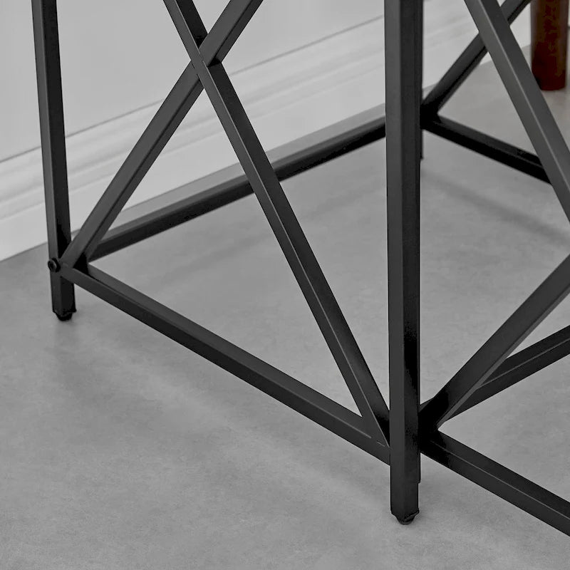 Tavolini a incastro moderni con struttura in metallo nero e piano impiallacciato effetto marmo - Set da 2
