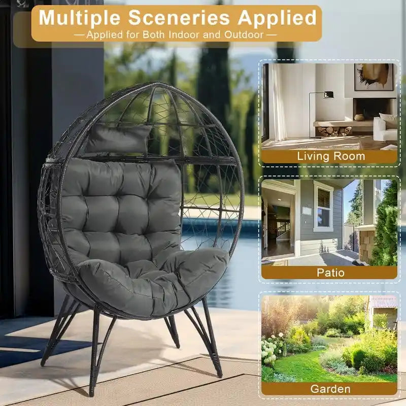Sedia a uovo da patio in vimini con cuscino beige