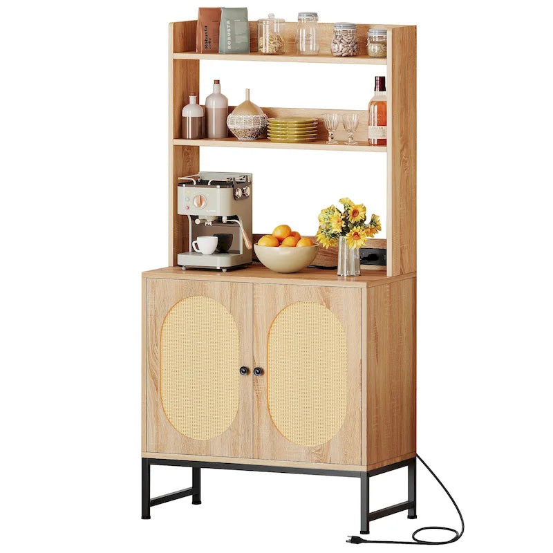 Moasis Credenza in Rattan a 2 Ante con Ripiano per Forno a Microonde, Prese Elettriche e Porte USB