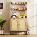 Moasis Credenza in Rattan a 2 Ante con Ripiano per Forno a Microonde, Prese Elettriche e Porte USB