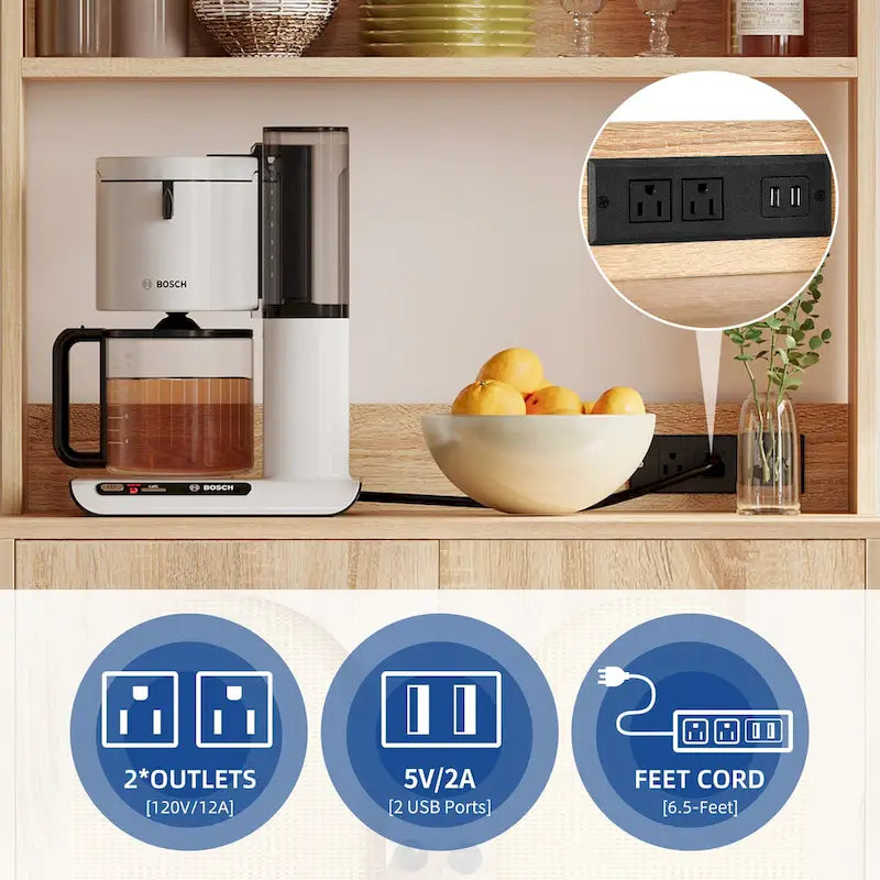 Moasis Credenza in Rattan a 2 Ante con Ripiano per Forno a Microonde, Prese Elettriche e Porte USB