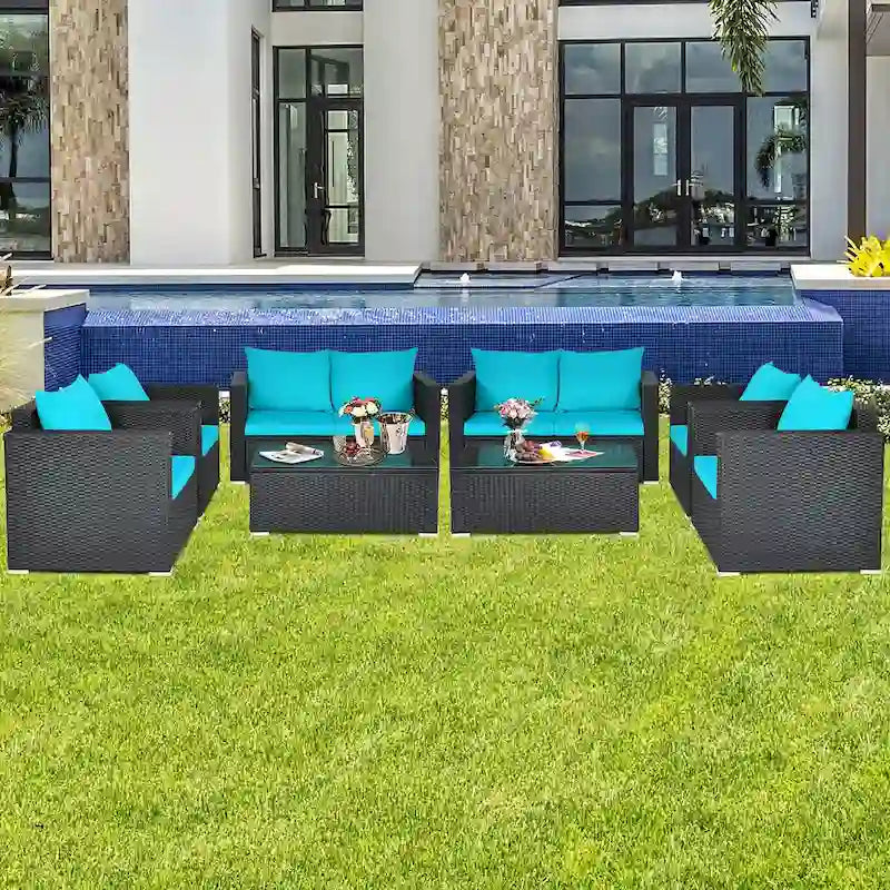 Costway 8PZ Divano Sedie Poltrone Tavolino da Caffè in Rattan da Giardino Turchese - Vedi Dettagli