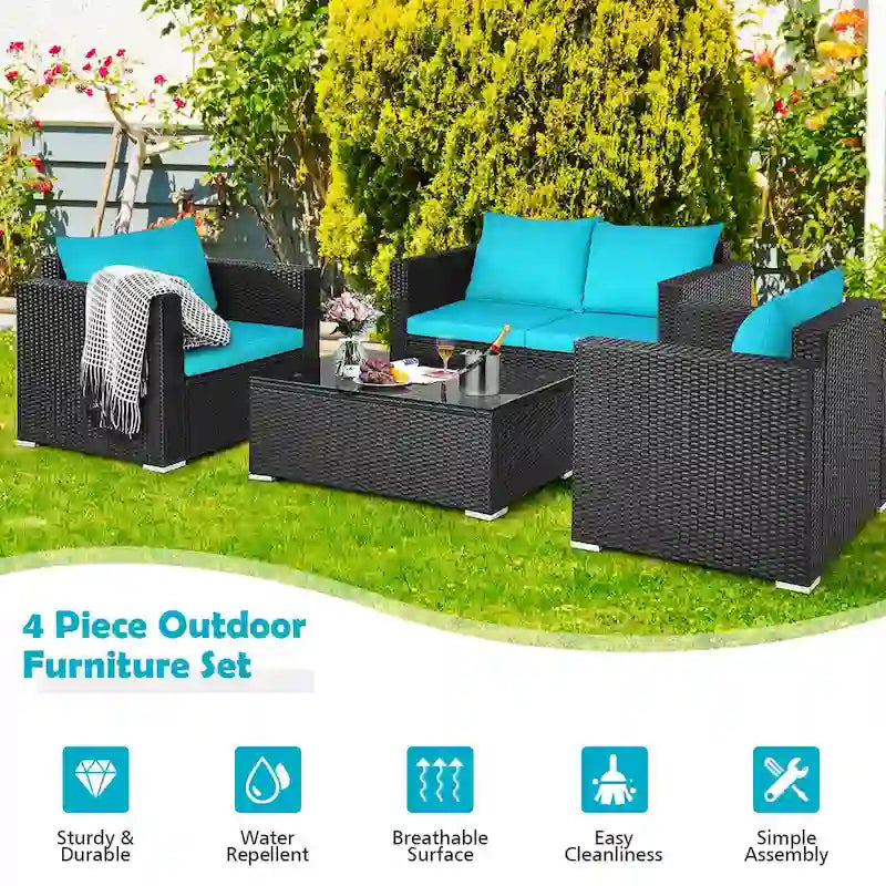 Costway 8PZ Divano Sedie Poltrone Tavolino da Caffè in Rattan da Giardino Turchese - Vedi Dettagli