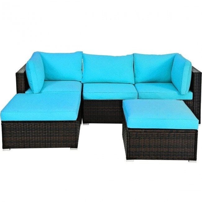 Set di divani da esterno in rattan a 5 pezzi con cuscino e pouf - 29,5 x 29,5 x 25 (L x P x A)