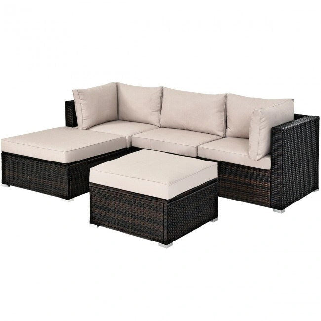 Set di divani da esterno in rattan a 5 pezzi con cuscino e pouf - 29,5 x 29,5 x 25 (L x P x A)