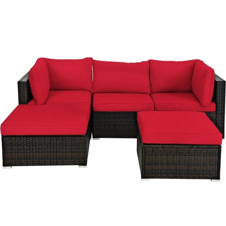 Set di divani da esterno in rattan a 5 pezzi con cuscino e pouf - 29,5 x 29,5 x 25 (L x P x A)