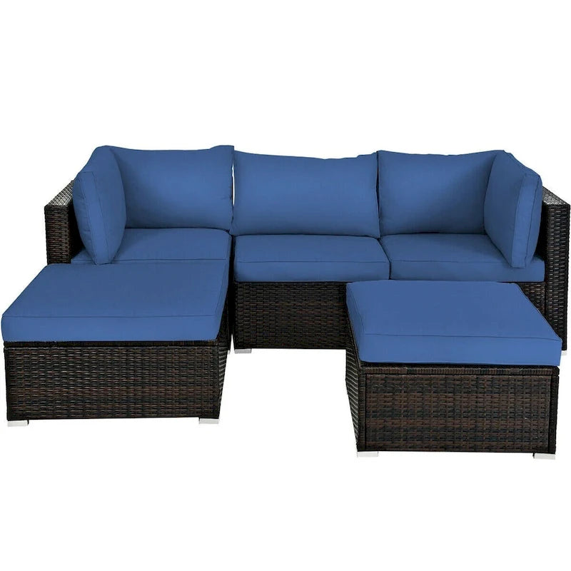 Set di divani da esterno in rattan a 5 pezzi con cuscino e pouf - 29,5 x 29,5 x 25 (L x P x A)