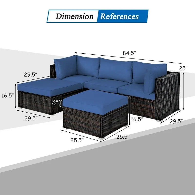 Set di divani da esterno in rattan a 5 pezzi con cuscino e pouf - 29,5 x 29,5 x 25 (L x P x A)