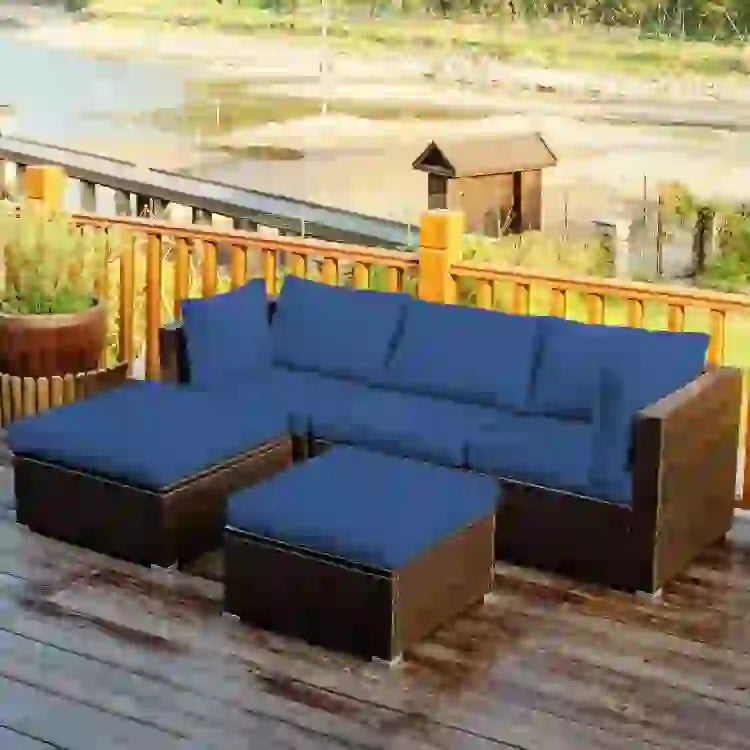 Set di divani da esterno in rattan a 5 pezzi con cuscino e pouf - 29,5 x 29,5 x 25 (L x P x A)