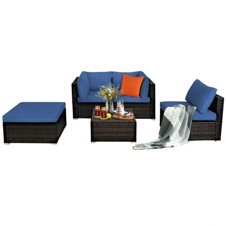 Set di divani da esterno in rattan a 5 pezzi con cuscino e pouf - 29,5 x 29,5 x 25 (L x P x A)