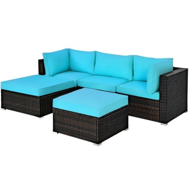 Set di divani da esterno in rattan a 5 pezzi con cuscino e pouf - 29,5 x 29,5 x 25 (L x P x A)