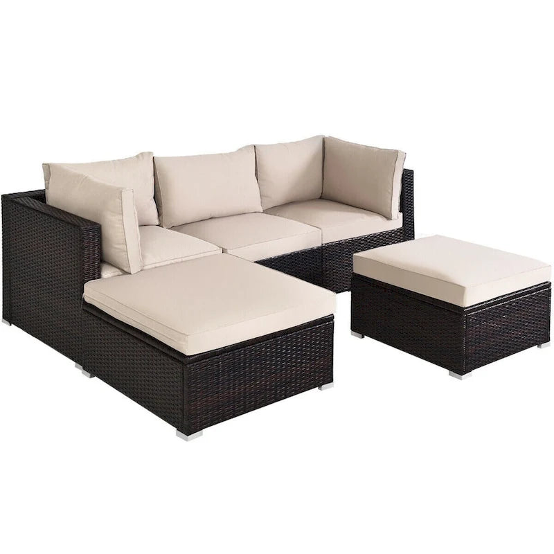 Set di divani da esterno in rattan a 5 pezzi con cuscino e pouf - 29,5 x 29,5 x 25 (L x P x A)