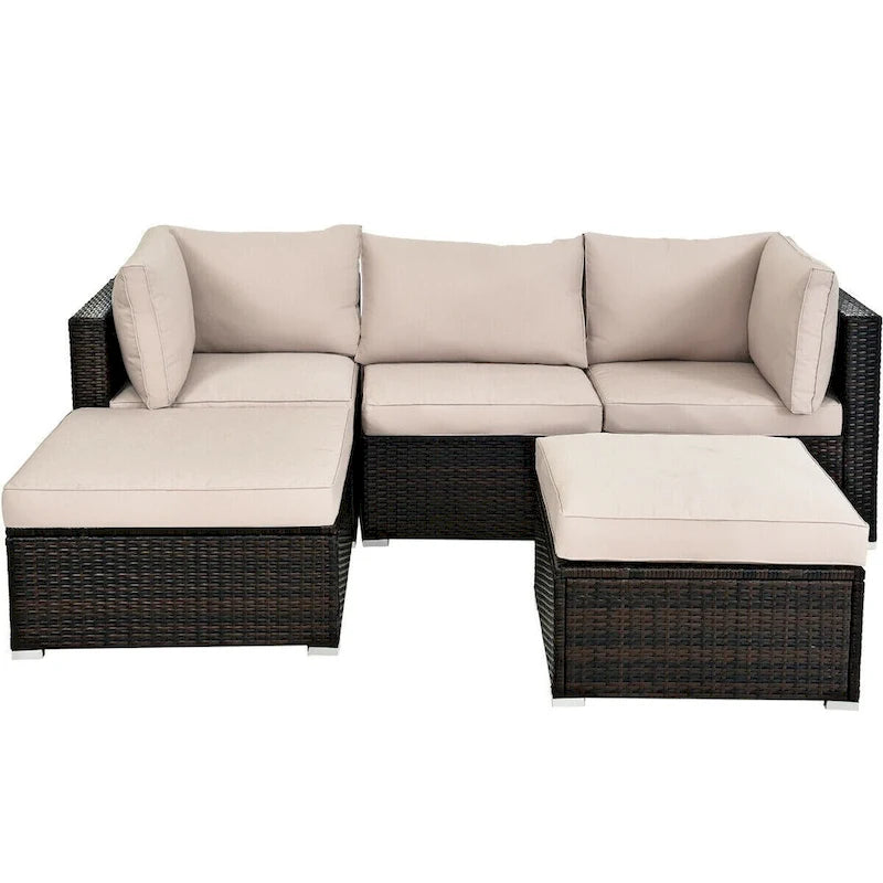 Set di divani da esterno in rattan a 5 pezzi con cuscino e pouf - 29,5 x 29,5 x 25 (L x P x A)
