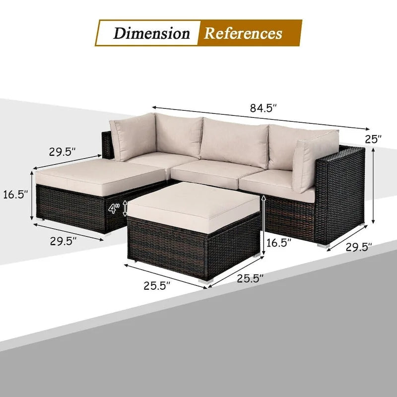 Set di divani da esterno in rattan a 5 pezzi con cuscino e pouf - 29,5 x 29,5 x 25 (L x P x A)