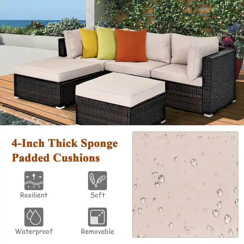 Set di divani da esterno in rattan a 5 pezzi con cuscino e pouf - 29,5 x 29,5 x 25 (L x P x A)