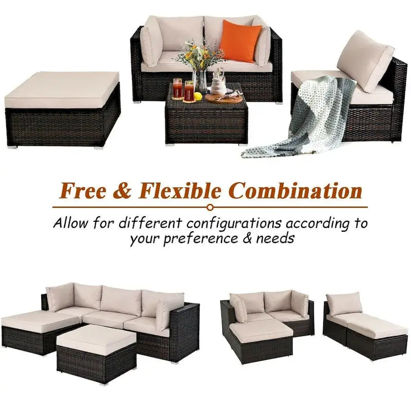 Set di divani da esterno in rattan a 5 pezzi con cuscino e pouf - 29,5 x 29,5 x 25 (L x P x A)