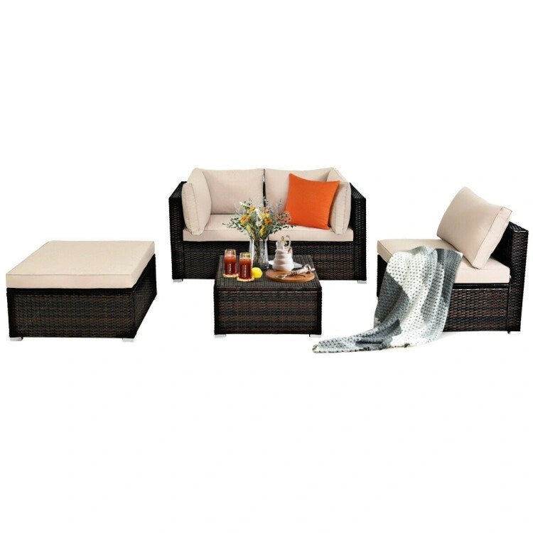 Set di divani da esterno in rattan a 5 pezzi con cuscino e pouf - 29,5 x 29,5 x 25 (L x P x A)