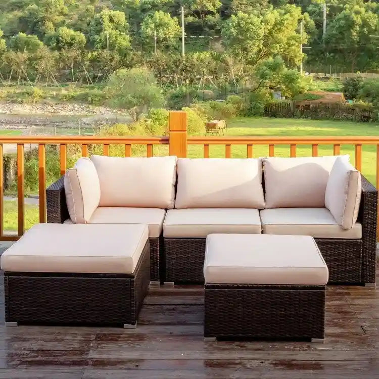 Set di divani da esterno in rattan a 5 pezzi con cuscino e pouf - 29,5 x 29,5 x 25 (L x P x A)