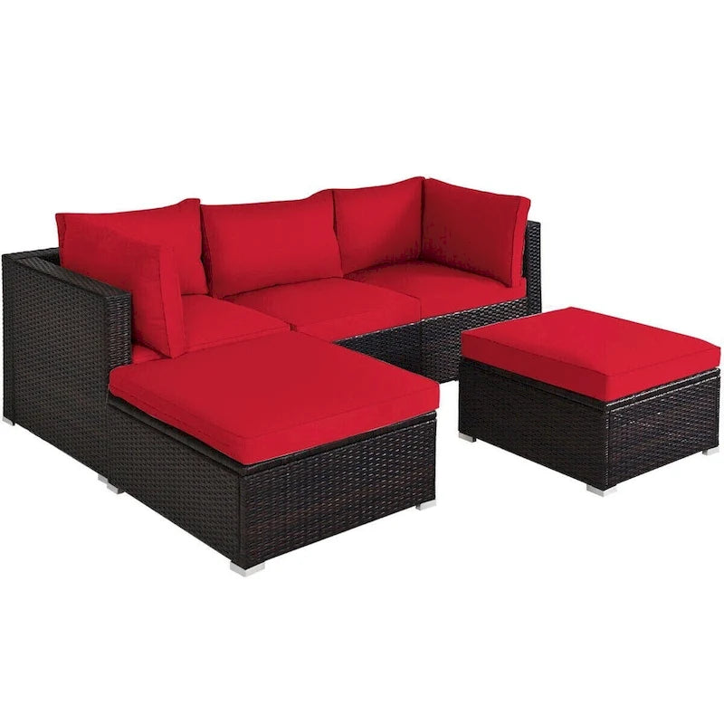 Set di divani da esterno in rattan a 5 pezzi con cuscino e pouf - 29,5 x 29,5 x 25 (L x P x A)