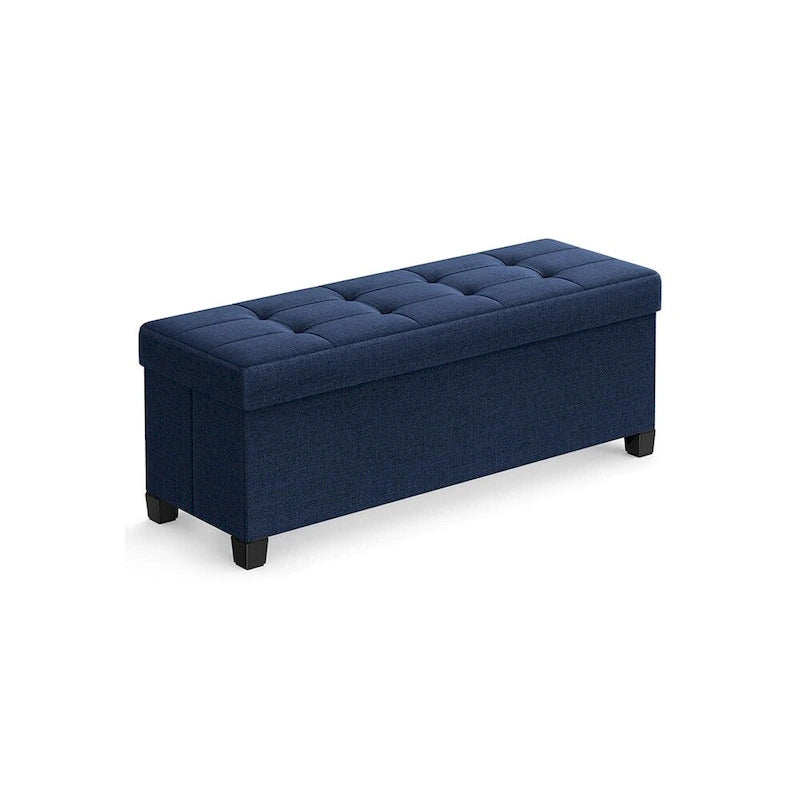 Poggiapiedi contenitore piccolo rivestito in tessuto, largo 43 cm, con gambe in legno e coperchio trapuntato