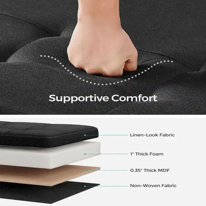 Poggiapiedi contenitore piccolo rivestito in tessuto, largo 43 cm, con gambe in legno e coperchio trapuntato