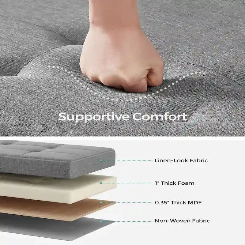 Poggiapiedi contenitore piccolo rivestito in tessuto, largo 43 cm, con gambe in legno e coperchio trapuntato