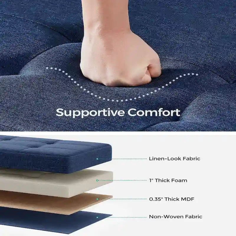 Poggiapiedi contenitore piccolo rivestito in tessuto, largo 43 cm, con gambe in legno e coperchio trapuntato