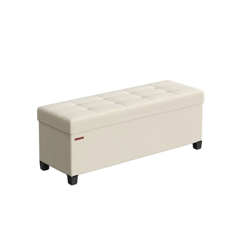Poggiapiedi contenitore piccolo rivestito in tessuto, largo 43 cm, con gambe in legno e coperchio trapuntato