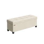 Poggiapiedi contenitore piccolo rivestito in tessuto, largo 43 cm, con gambe in legno e coperchio trapuntato
