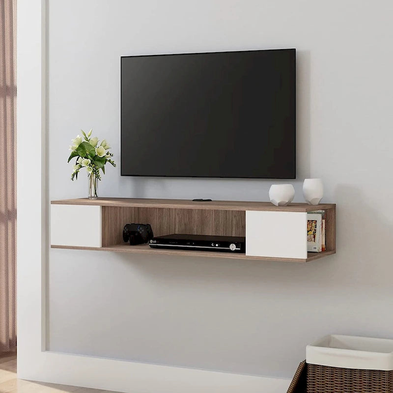 FITUEYES Mobile TV sospeso, centro multimediale da parete, console multimediale, mensola TV da parete in legno, grigio e bianco crema
