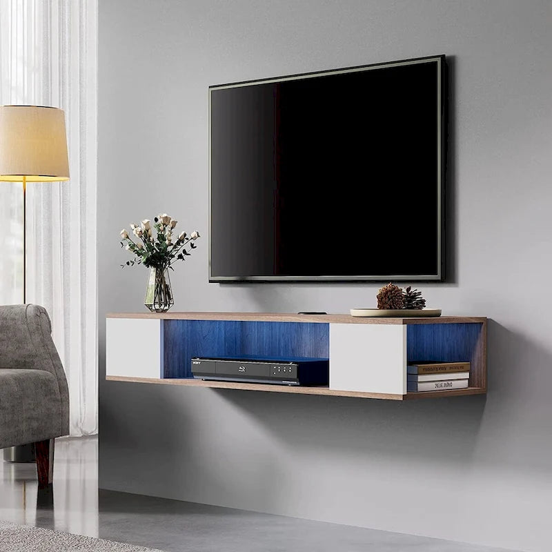 FITUEYES Mobile TV sospeso, centro multimediale da parete, console multimediale, mensola TV da parete in legno, grigio e bianco crema