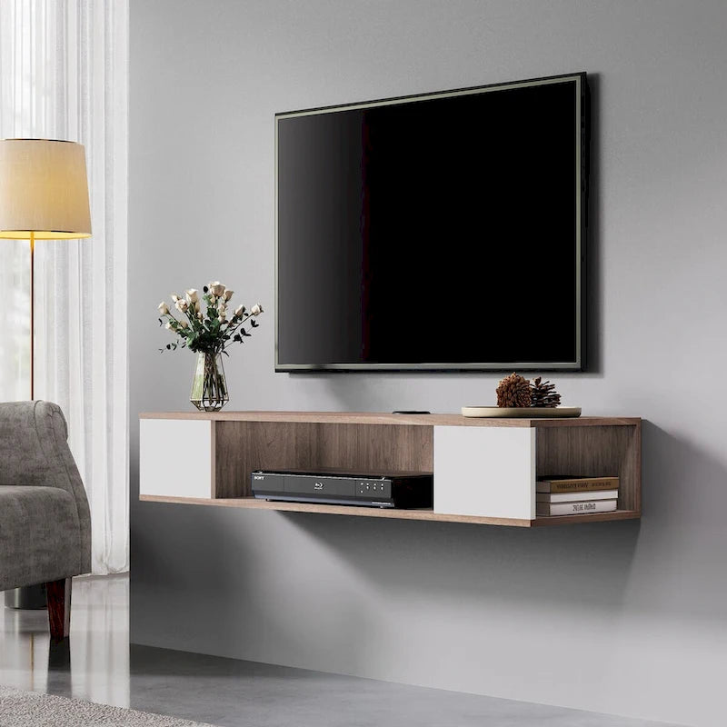 FITUEYES Mobile TV sospeso, centro multimediale da parete, console multimediale, mensola TV da parete in legno, grigio e bianco crema