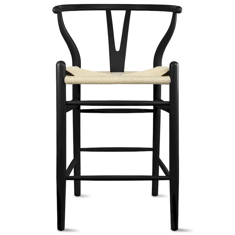Tabouret de bar en bois massif hauteur comptoir avec dossier ouvert en Y, chaise de ferme tissée organique naturelle pour cuisine de designer - N/A