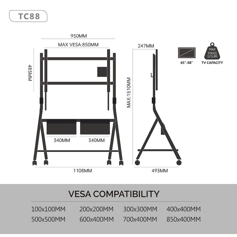 FITUEYES Carrello TV Mobile per Ufficio, Aula, Supporto TV Girevole con Ruote per TV da 45-88 Pollici