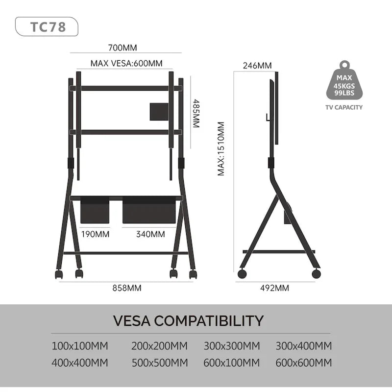 FITUEYES Carrello TV Mobile per Ufficio, Aula, Supporto TV Girevole con Ruote per TV da 45-88 Pollici