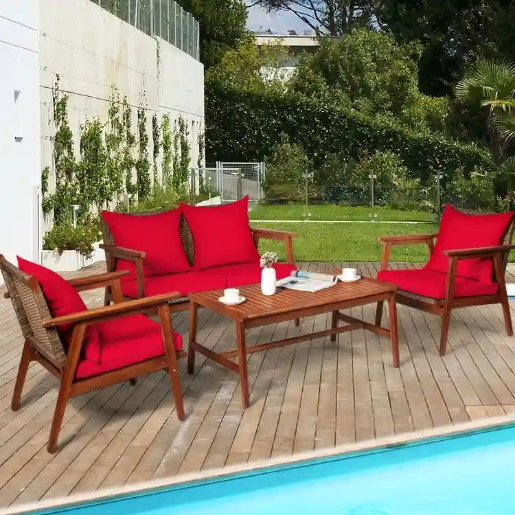 Set da esterno in rattan di acacia a 4 pezzi con cuscini - 45 x 27,5 x 29,5 (L x P x A)