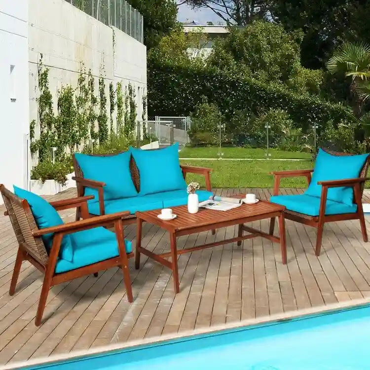 Set da esterno in rattan di acacia a 4 pezzi con cuscini - 45 x 27,5 x 29,5 (L x P x A)