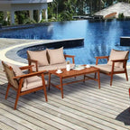 Set da esterno in rattan di acacia a 4 pezzi con cuscini - 45 x 27,5 x 29,5 (L x P x A)