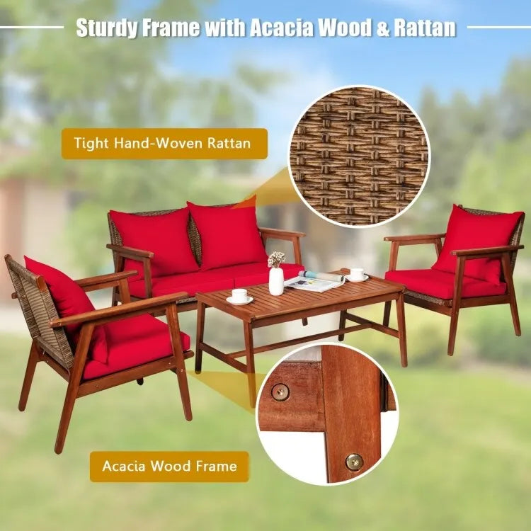 Set da esterno in rattan di acacia a 4 pezzi con cuscini - 45 x 27,5 x 29,5 (L x P x A)