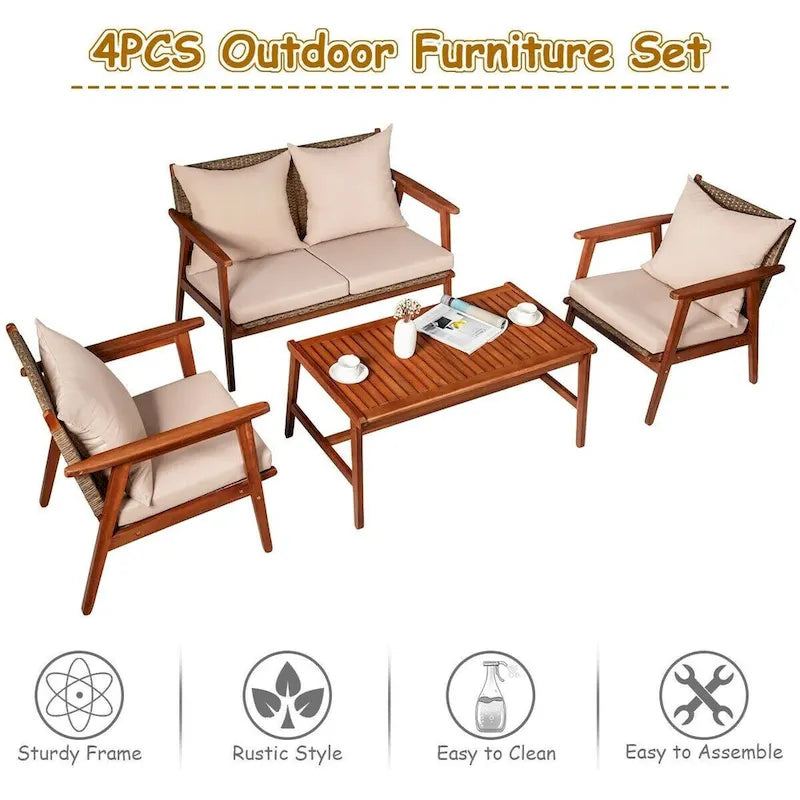 Set da esterno in rattan di acacia a 4 pezzi con cuscini - 45 x 27,5 x 29,5 (L x P x A)