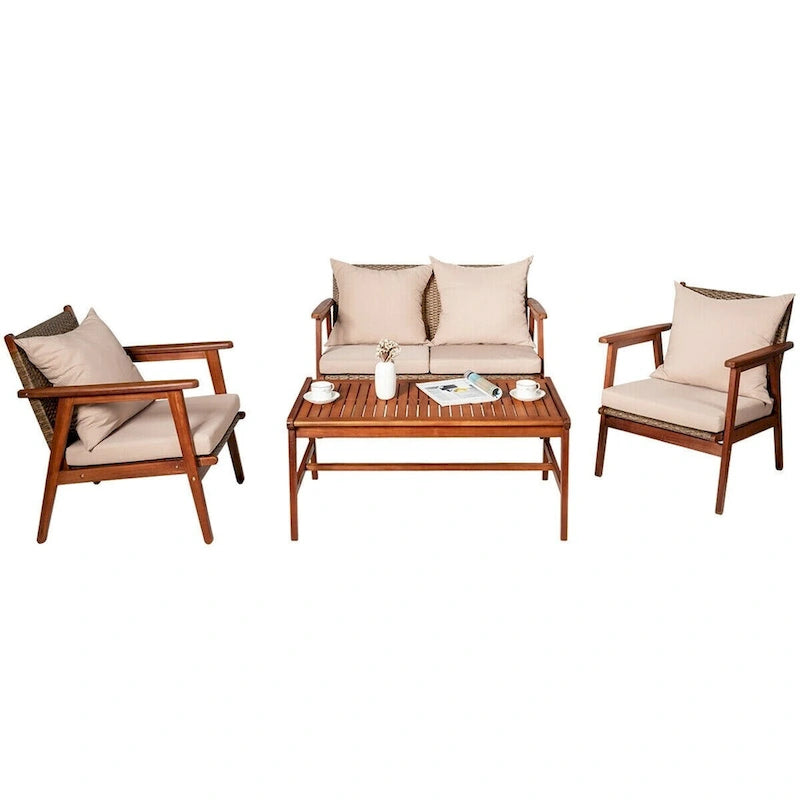 Set da esterno in rattan di acacia a 4 pezzi con cuscini - 45 x 27,5 x 29,5 (L x P x A)