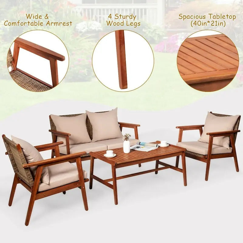 Set da esterno in rattan di acacia a 4 pezzi con cuscini - 45 x 27,5 x 29,5 (L x P x A)