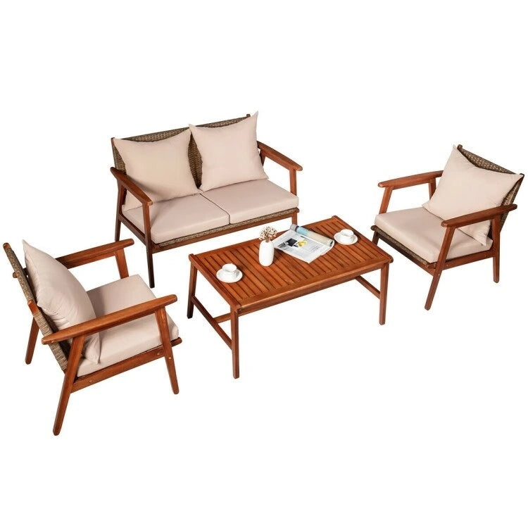 Set da esterno in rattan di acacia a 4 pezzi con cuscini - 45 x 27,5 x 29,5 (L x P x A)