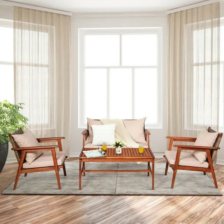 Set da esterno in rattan di acacia a 4 pezzi con cuscini - 45 x 27,5 x 29,5 (L x P x A)