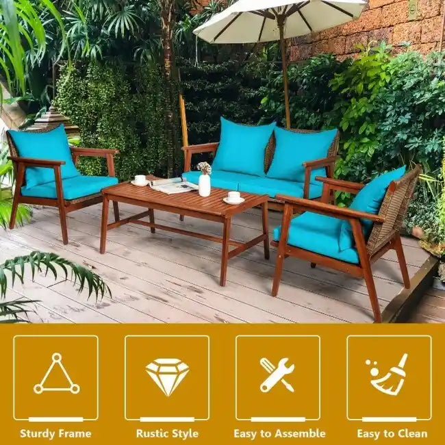Set da esterno in rattan di acacia a 4 pezzi con cuscini - 45 x 27,5 x 29,5 (L x P x A)