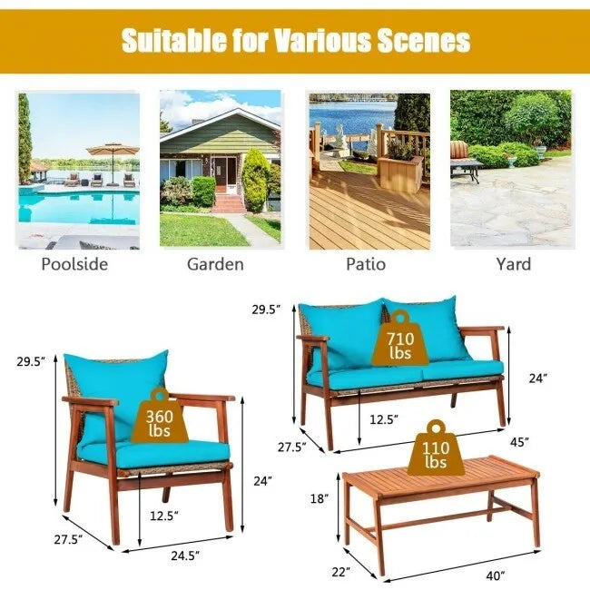 Set da esterno in rattan di acacia a 4 pezzi con cuscini - 45 x 27,5 x 29,5 (L x P x A)